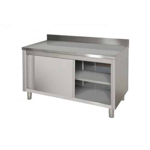 Tavolo armadiato inox con ante scorrevoli ripiano intermedio e alzatina TASE 10/7 A