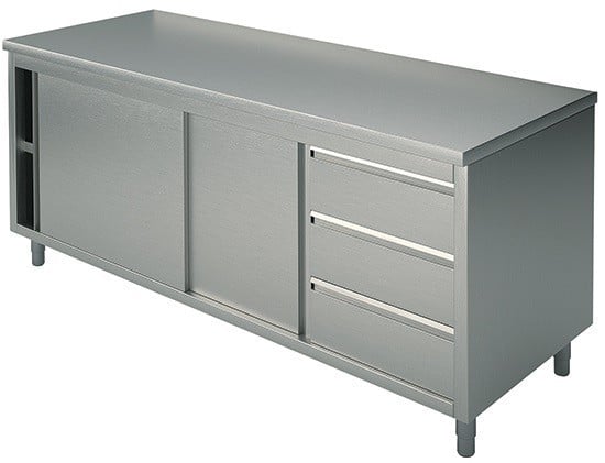 Tavolo armadiato inox con ante scorrevoli e cassettiera TASE3C 14/7